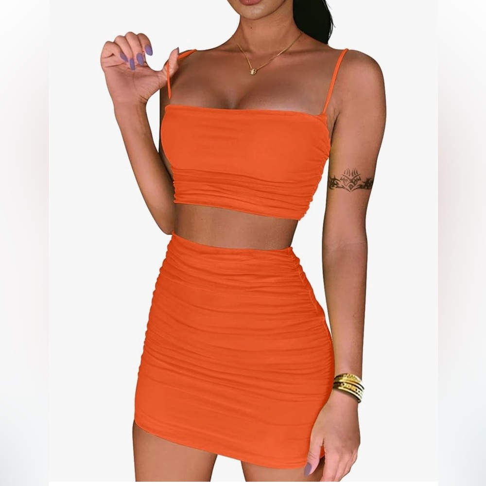 Orange Ruched Two Piece Skirt Set